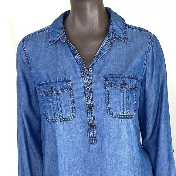 SO Women's 100% Lyocell Chambray Half Button Down Long Sleeve Top Shirt Size M - Picture 2 of 11